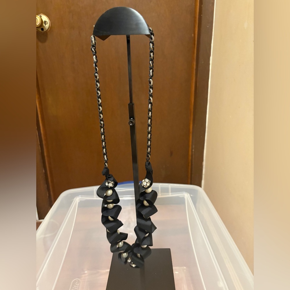 Betsey Johnson Black and Silver Beaded Pearl and Crystal Necklace, Preowned